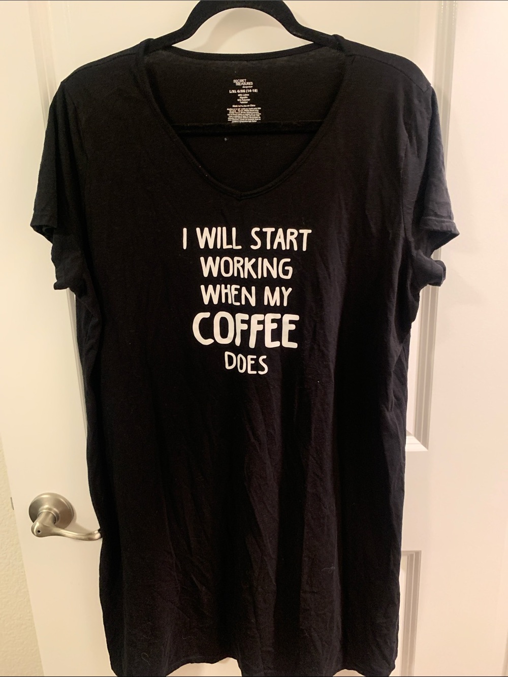 Secret Treasures Black Sleep Tee with White Coffee Slogan